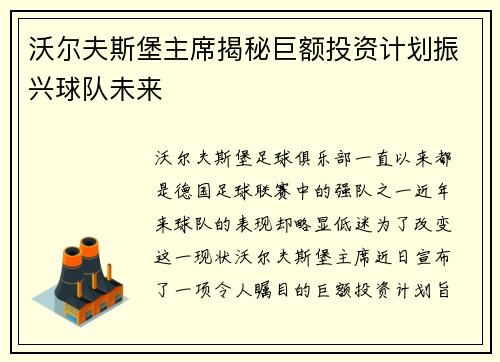 沃尔夫斯堡主席揭秘巨额投资计划振兴球队未来