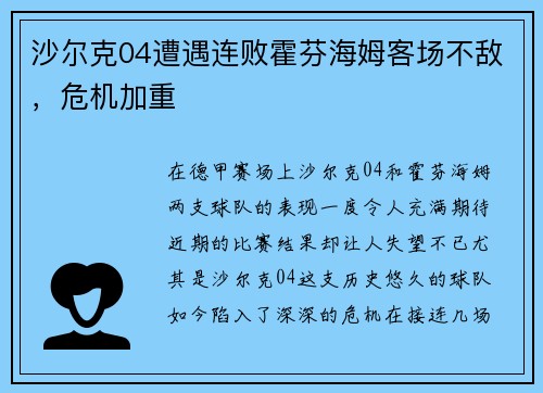 沙尔克04遭遇连败霍芬海姆客场不敌，危机加重